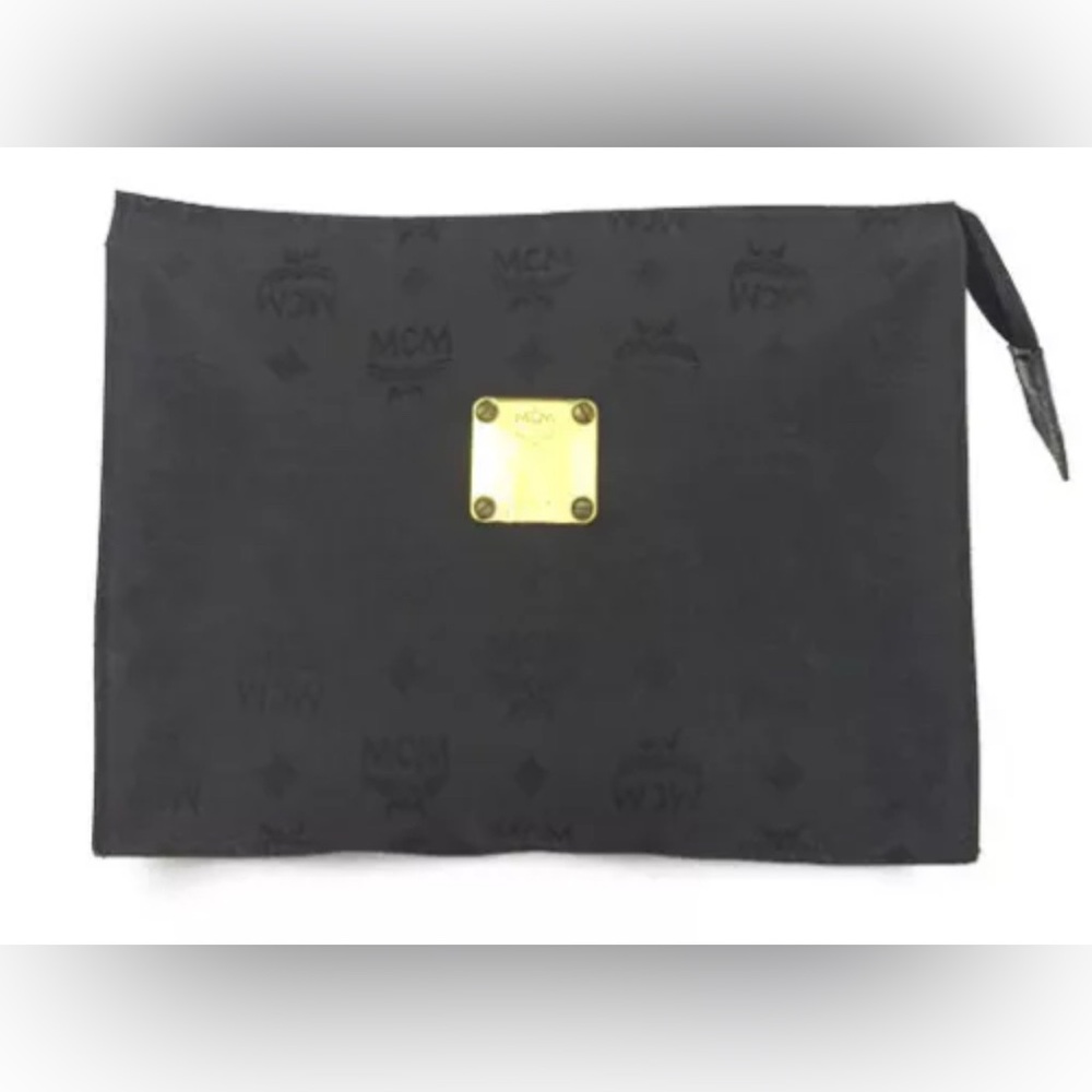 Authentic MCM Logo Visetos Canvas Clutch Bag Black